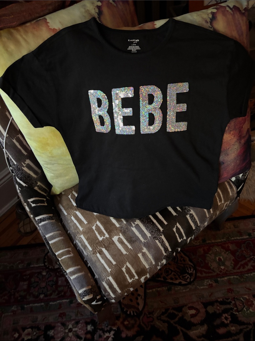 bebe Black Tee with Multicolor Rhinestone Logo
